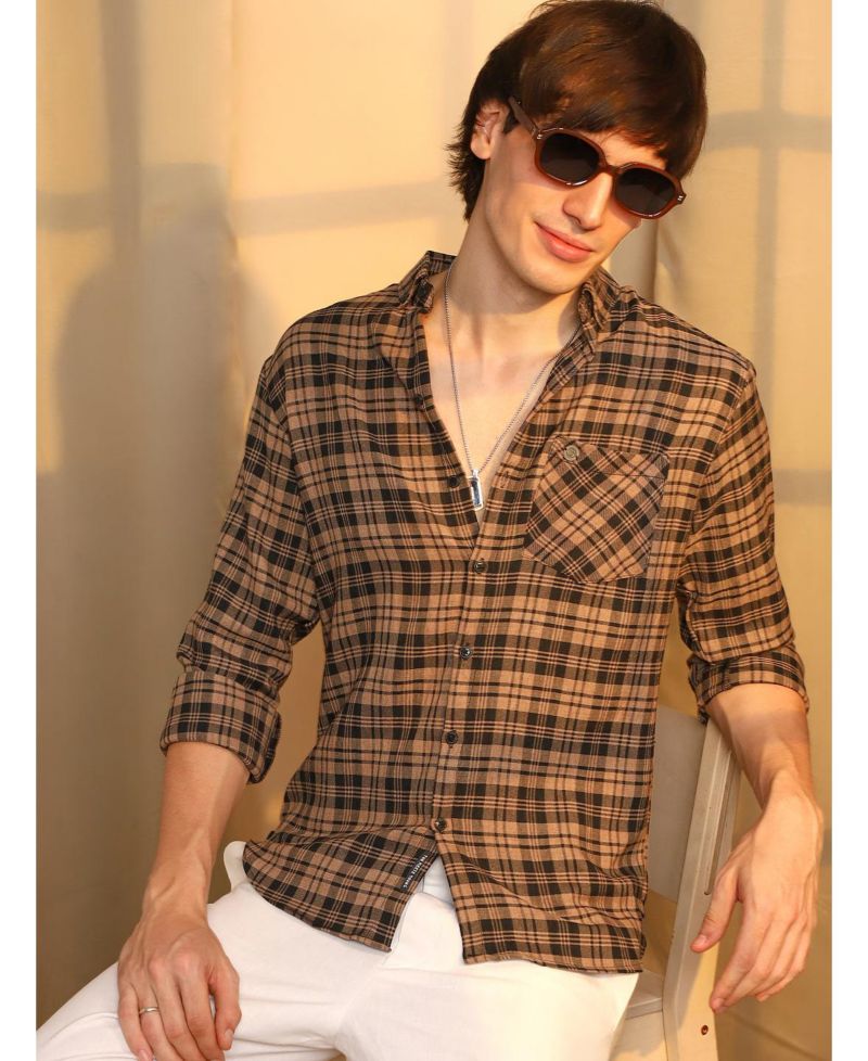 Men's Tan Brown & Charcoal Black Tartan Plaid Shirt