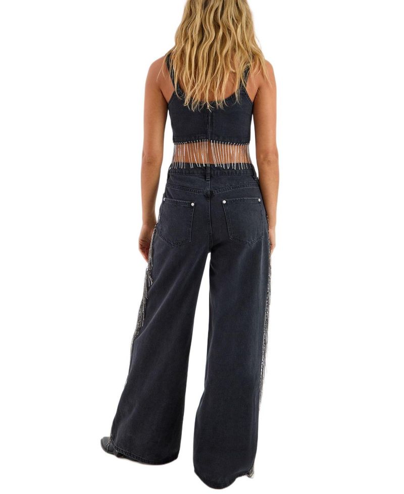 Women's Denim Diamonte Tassel Straight Leg Jeans