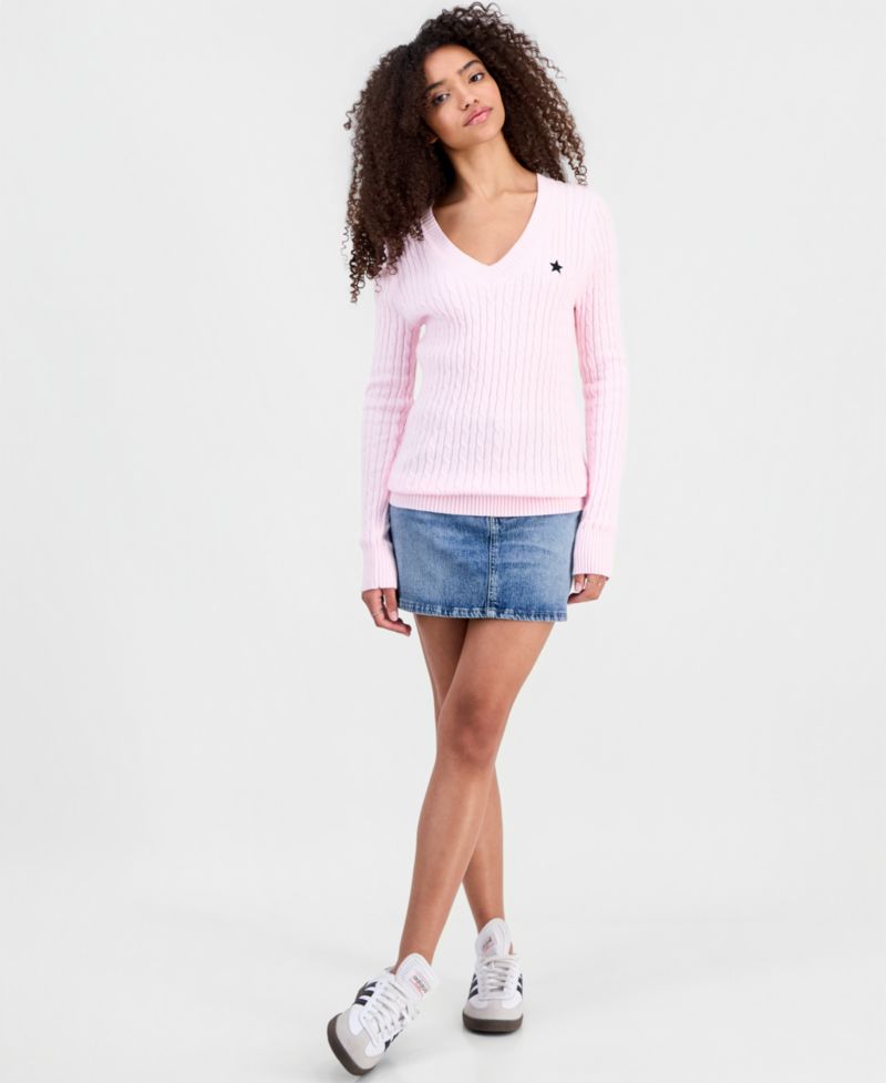 Juniors' Longline V-Neck Cable-Knit Sweater