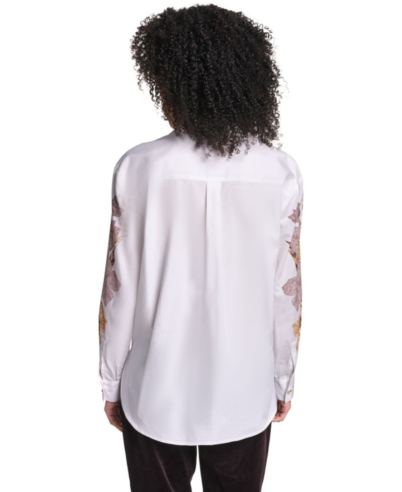 Women's Floral-Print Long-Sleeve Hotfix Rhinestone Blouse