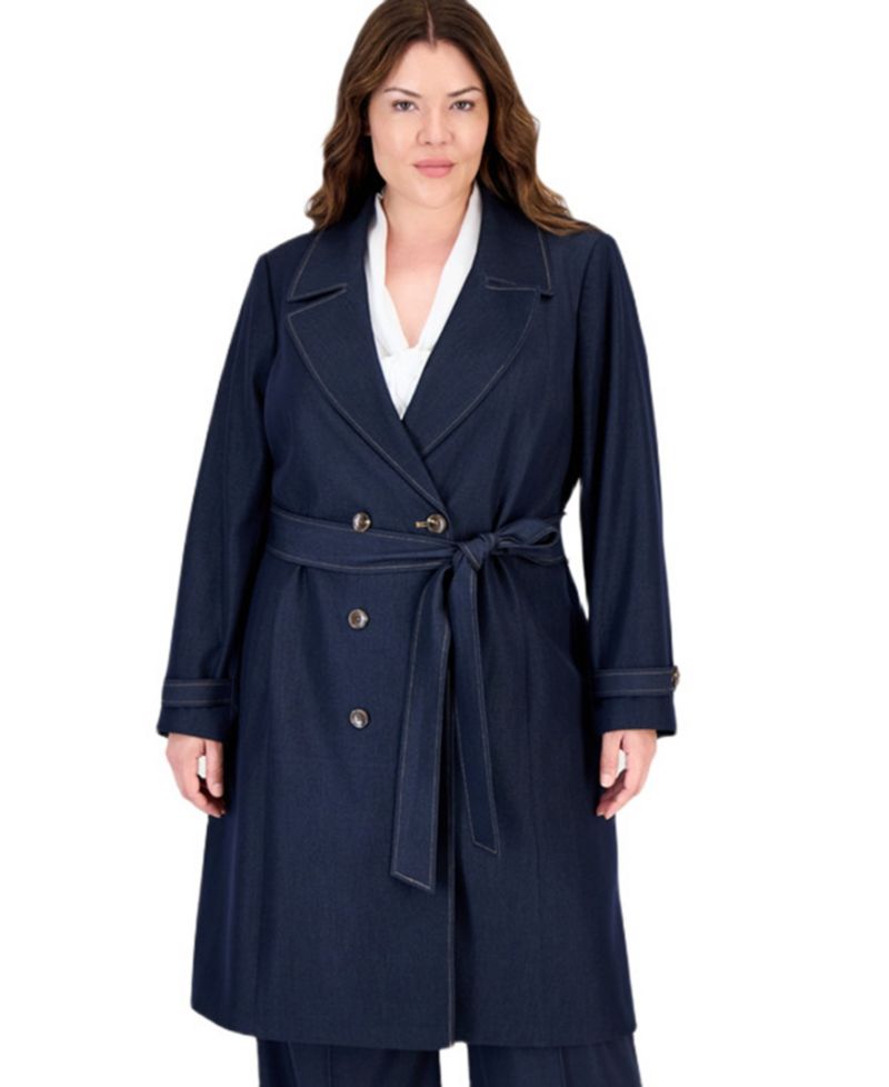 Plus Size Denim Double-Breasted Long Trench