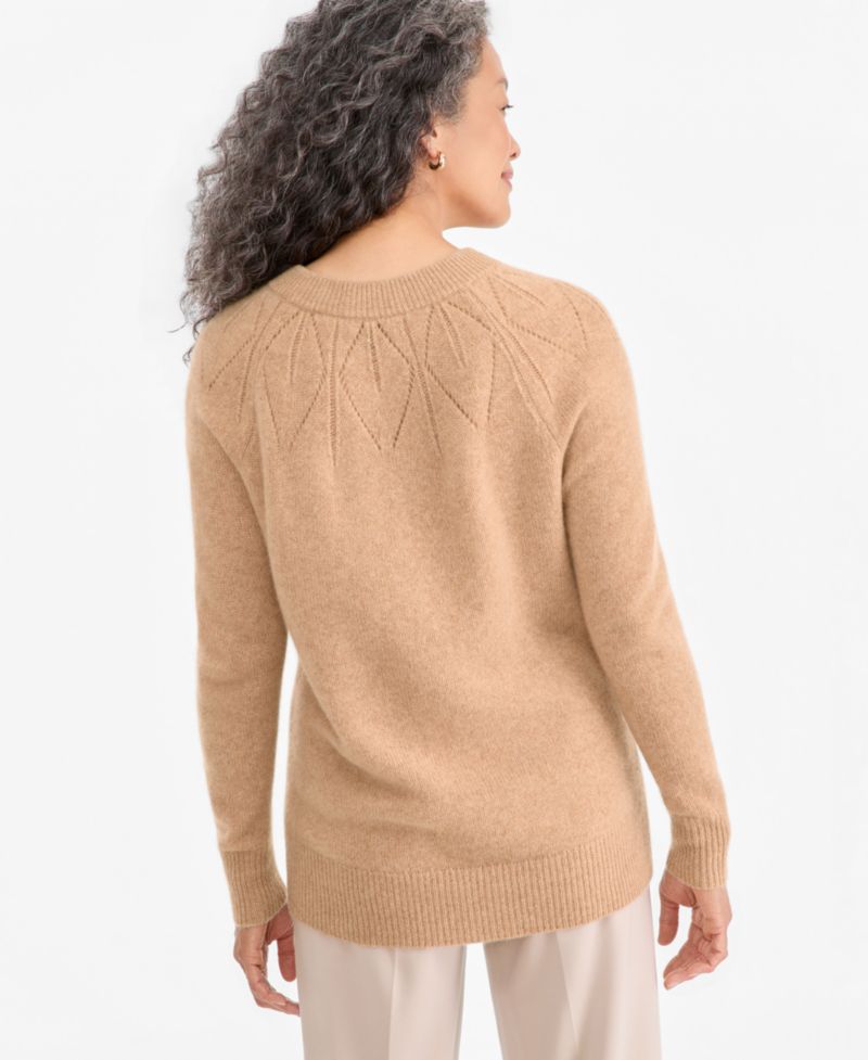 Women's Placed-Pointelle Crewneck 100% Cashmere Sweater