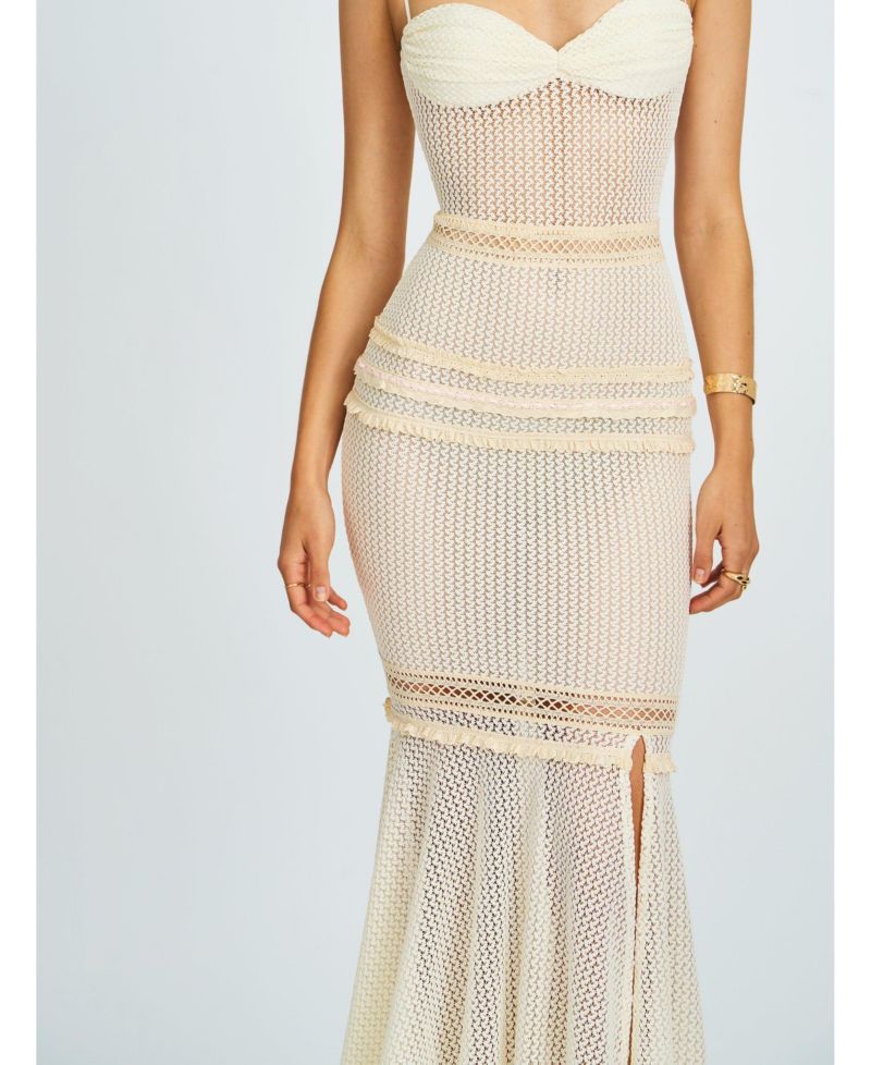 Women's Pallas Beige Lace Trim Crochet Mermaid Maxi Dress