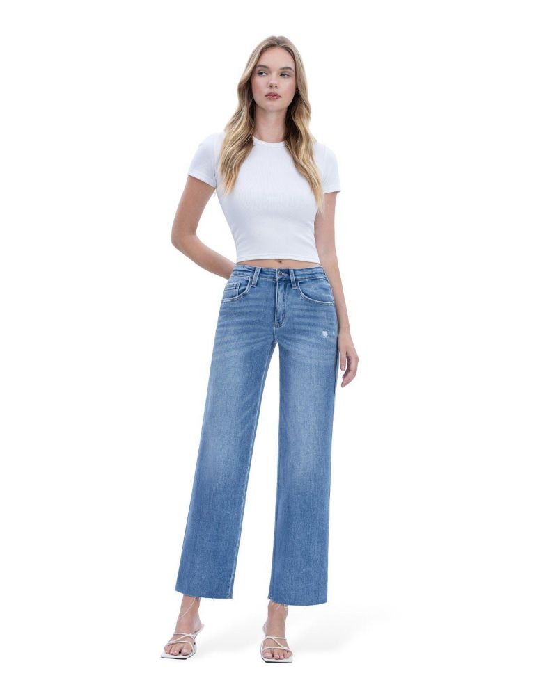 Women's High Rise Raw Hem Slim Wide Leg Jeans