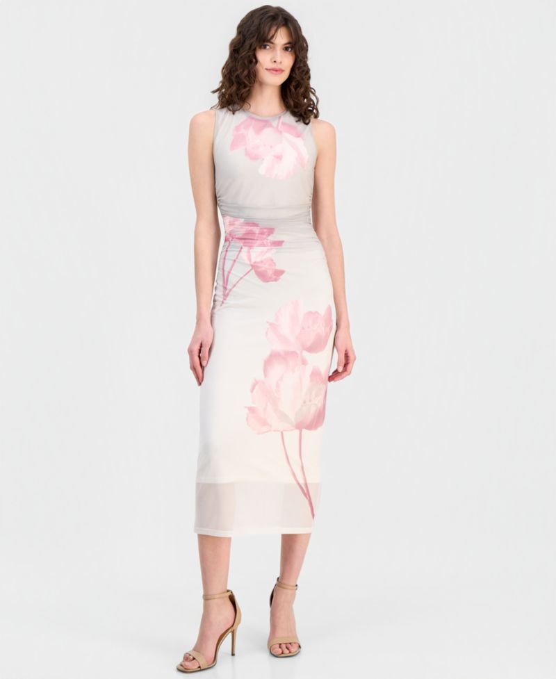 Women's Mesh Floral-Print Ruched-Waist Midi Dress