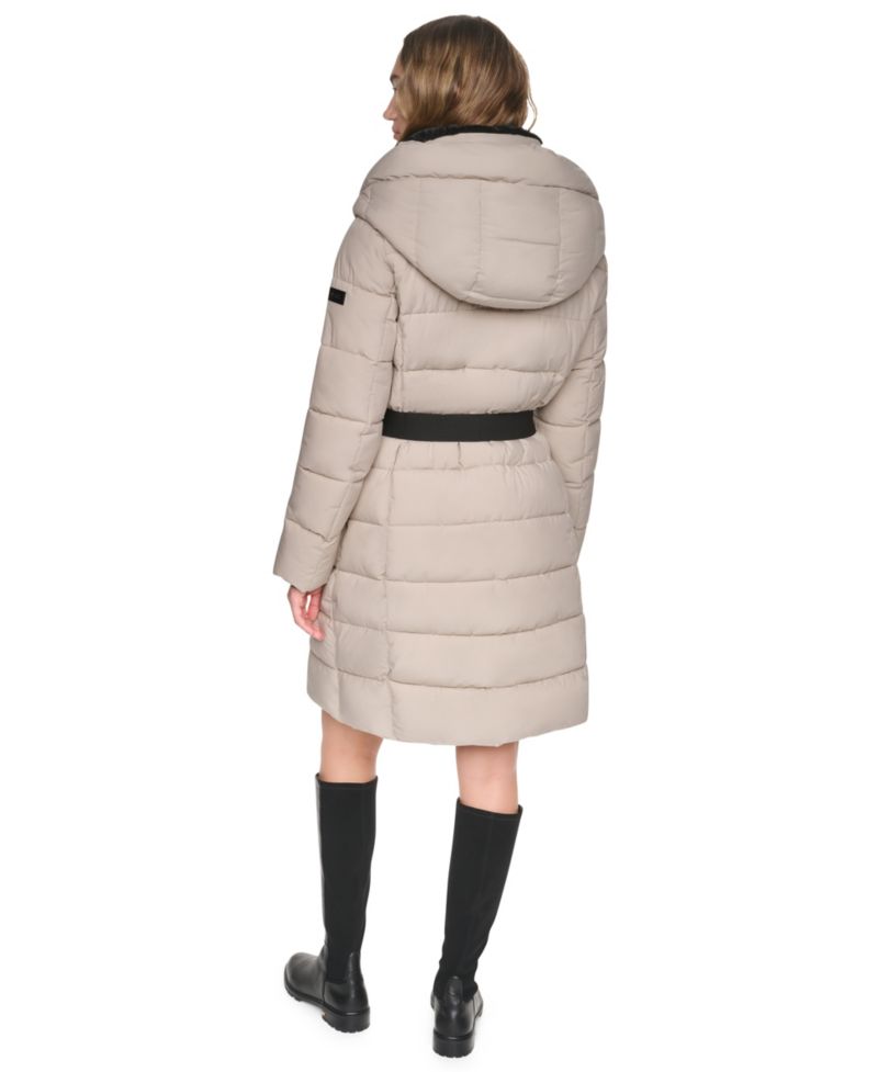 Women's Belted Walker with Faux Fur Hood and Bib Coat