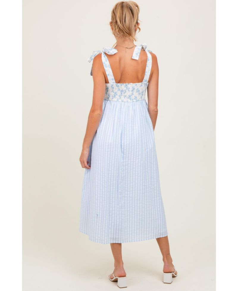 Women's Light Blue Floral Contrast Stripe Shoulder Tie Midi Dress