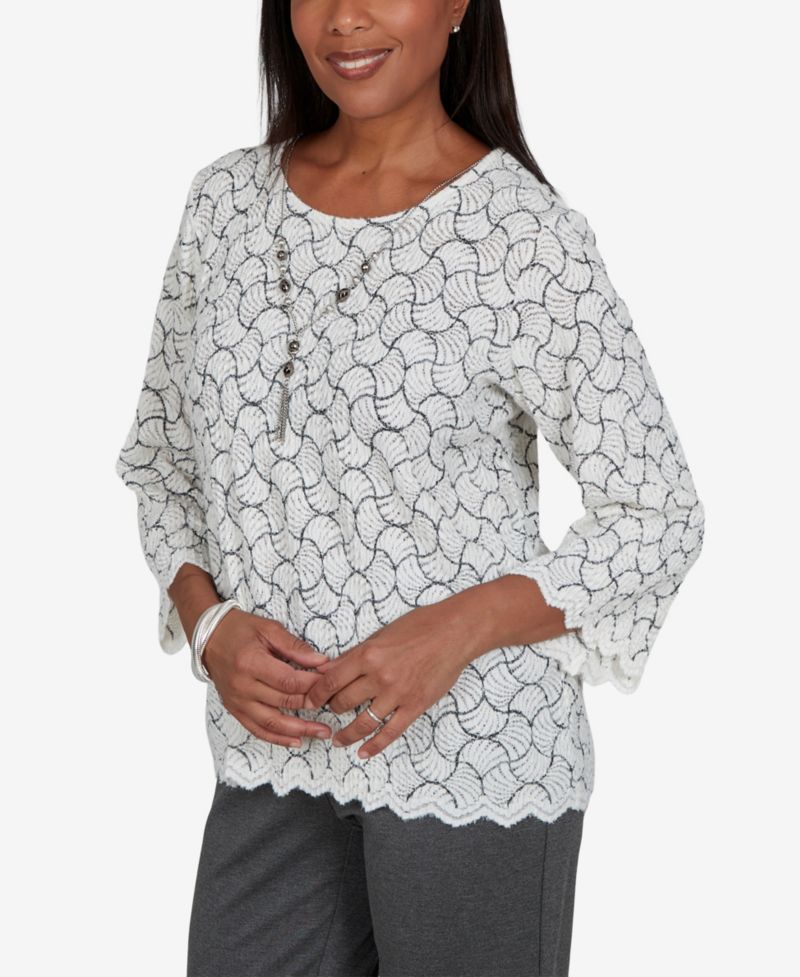Petite Crewneck 3/4-Sleeve Scalloped-Edge Pullover