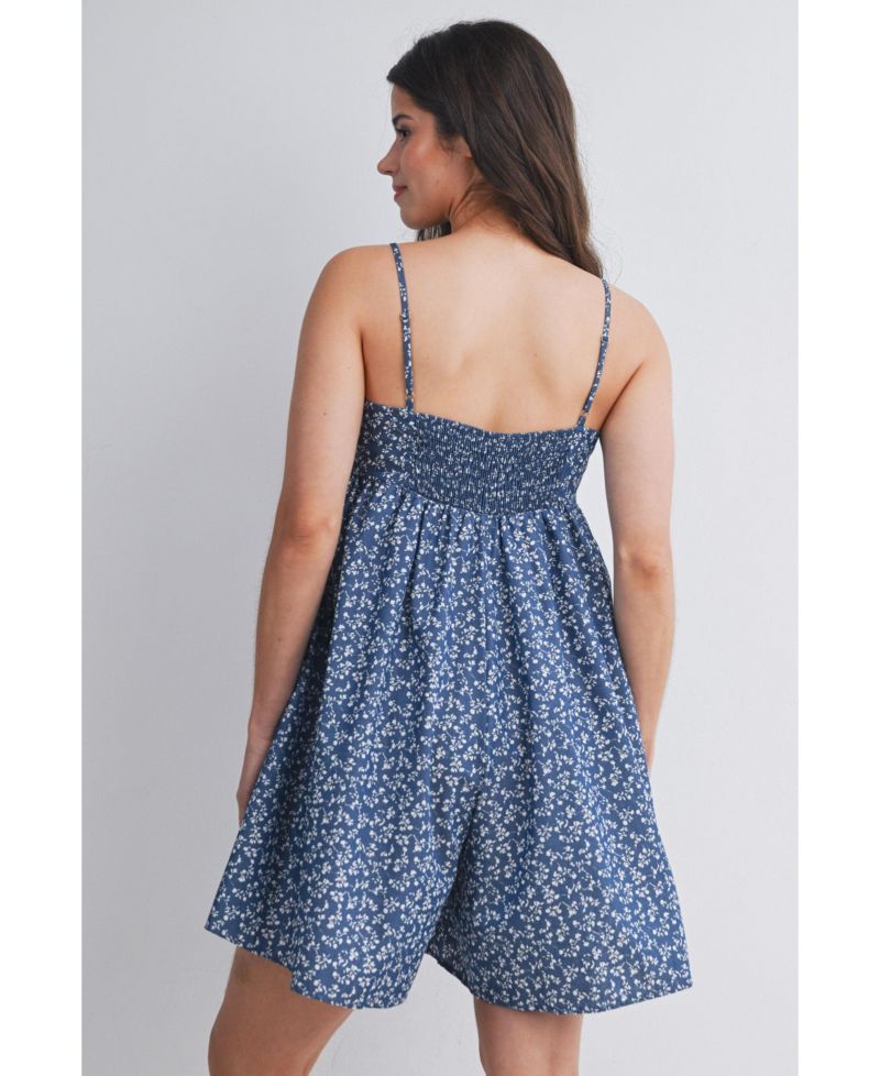 Maternity Floral Square-Neck Adjustable Strap Romper with Pockets