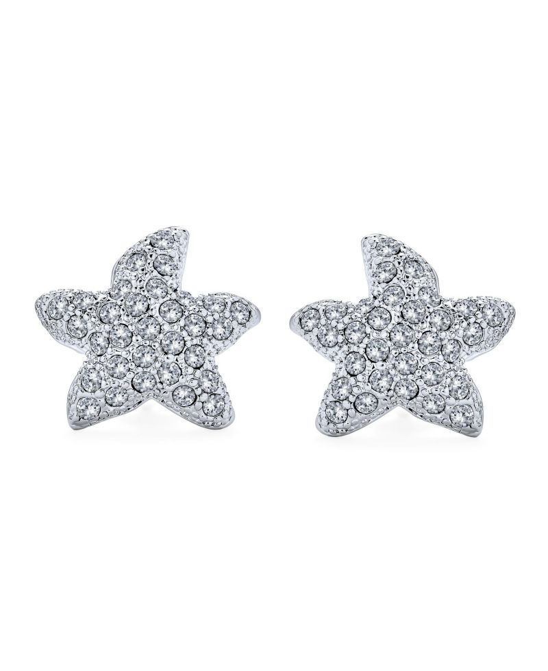 Nautical Beach Crystal Starfish Clip On Earrings Non Pierced Silver Plated