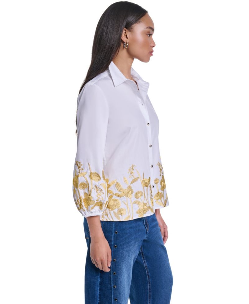 Women's Gold-Tone Embroidery Puff-Sleeve Button-Front Blouse