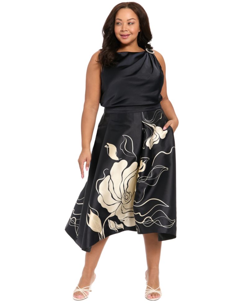 Plus Size Pleated High-Low Midi Skirt
