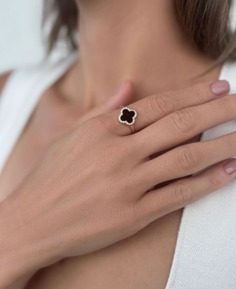 Rose Gold Cubic Zirconia Black Halo Clover Ring