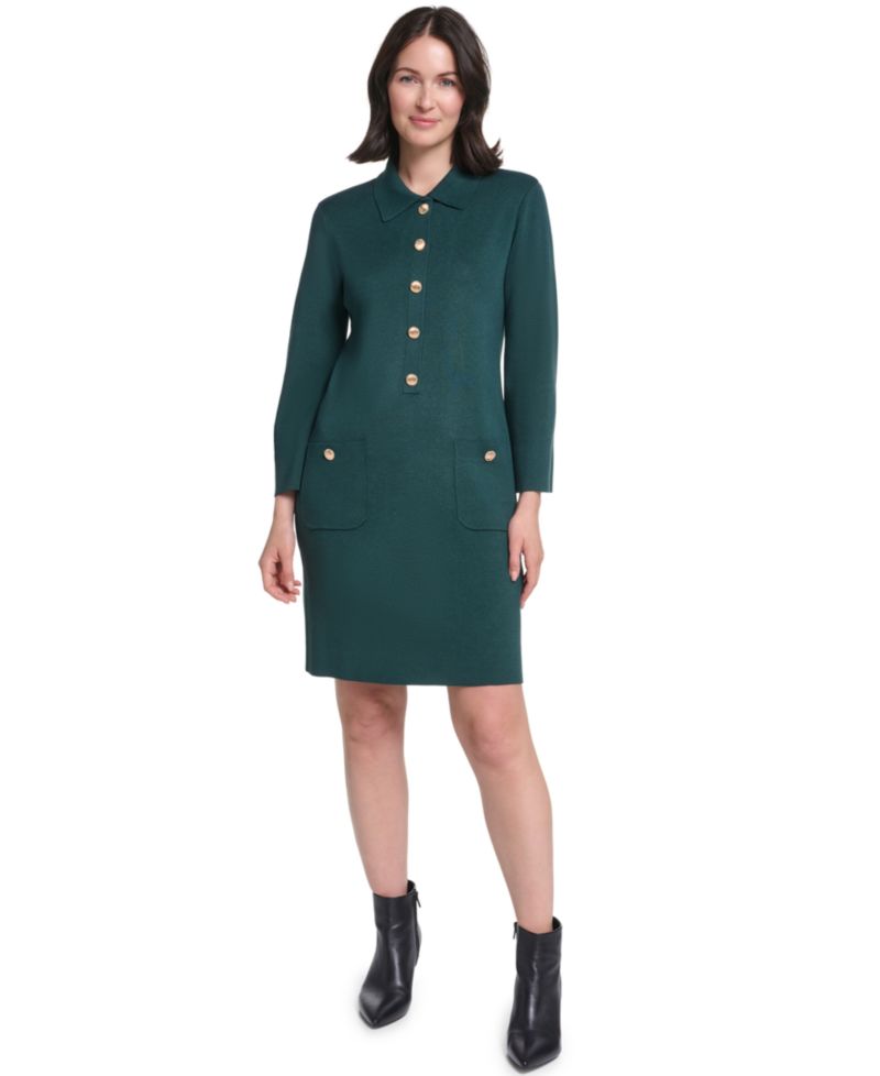 Petite Collared Button-Front Long-Sleeve Midi Dress