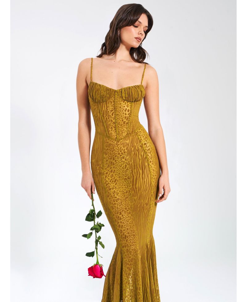 Women's Ulani Gold Burnout Velvet Detail Mesh Maxi Dress