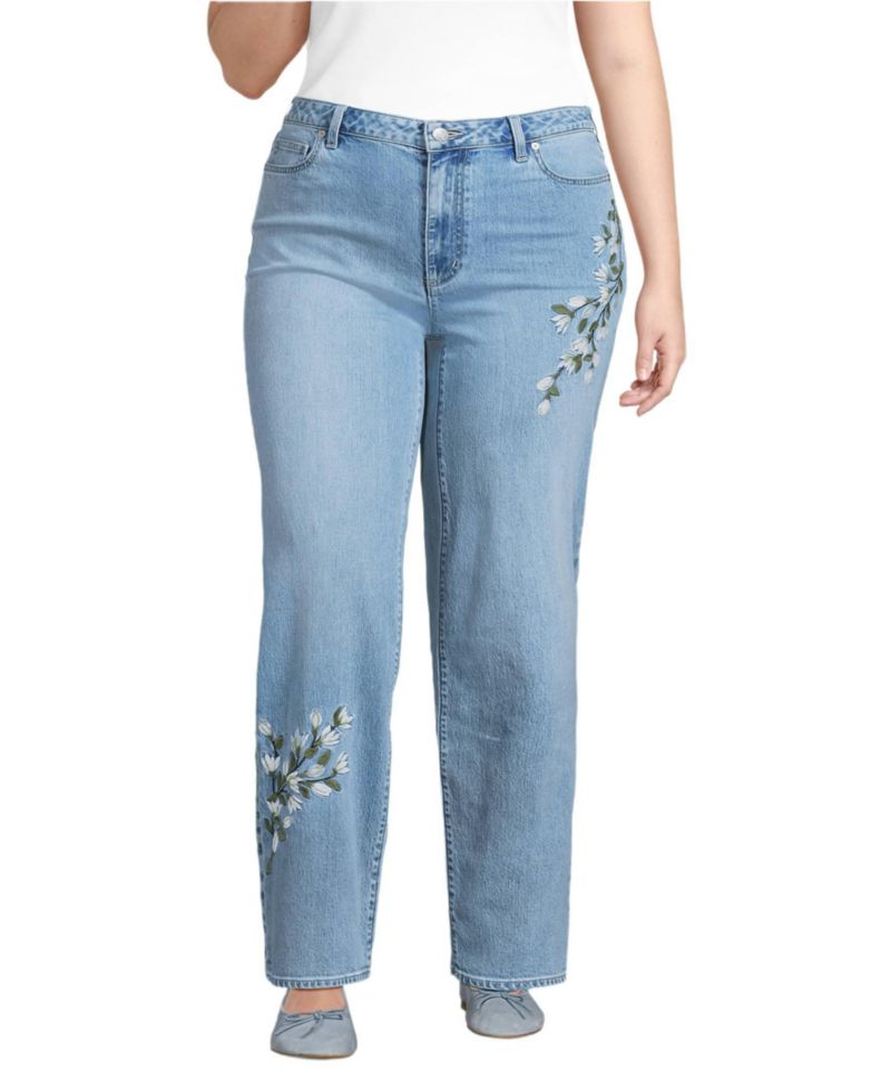 Women's Soft Denim Mid Rise Relaxed Straight Leg Embroidered Jeans