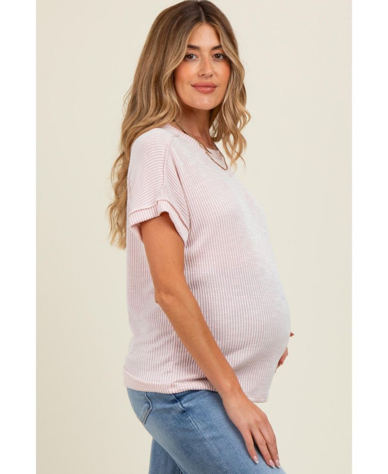 Women's Pink Ribbed Exposed Seam Short Sleeve Top