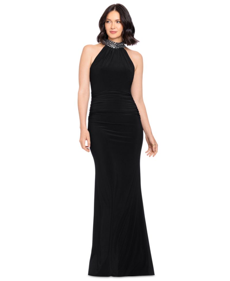 Petite Beaded Mock Neck Sleeveless Gown