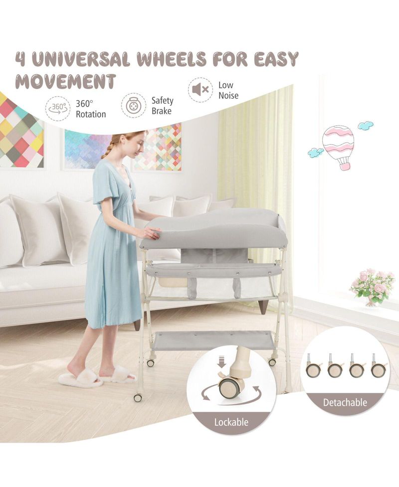 Portable Baby Changing Table with Water Basin and Rolling Wheels for Nursery