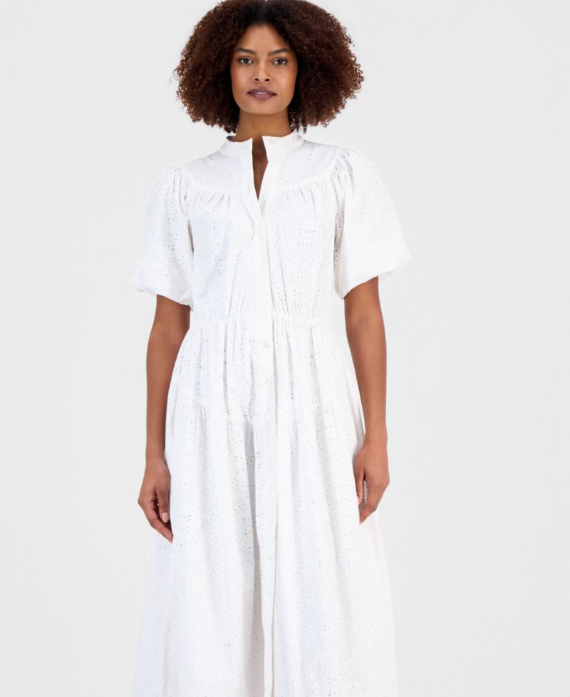 Women's Cotton Button-Front Tiered Dress