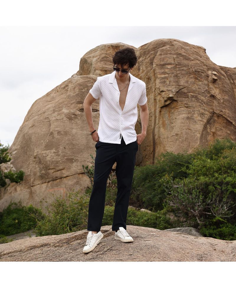 Men's Chalk White Self-Design Block Shirt