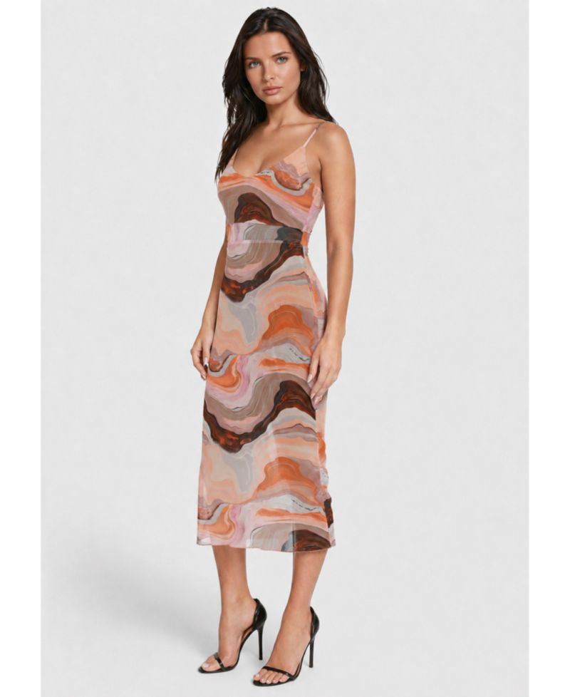 Women's Printed Mesh V-Neck Midi Dress