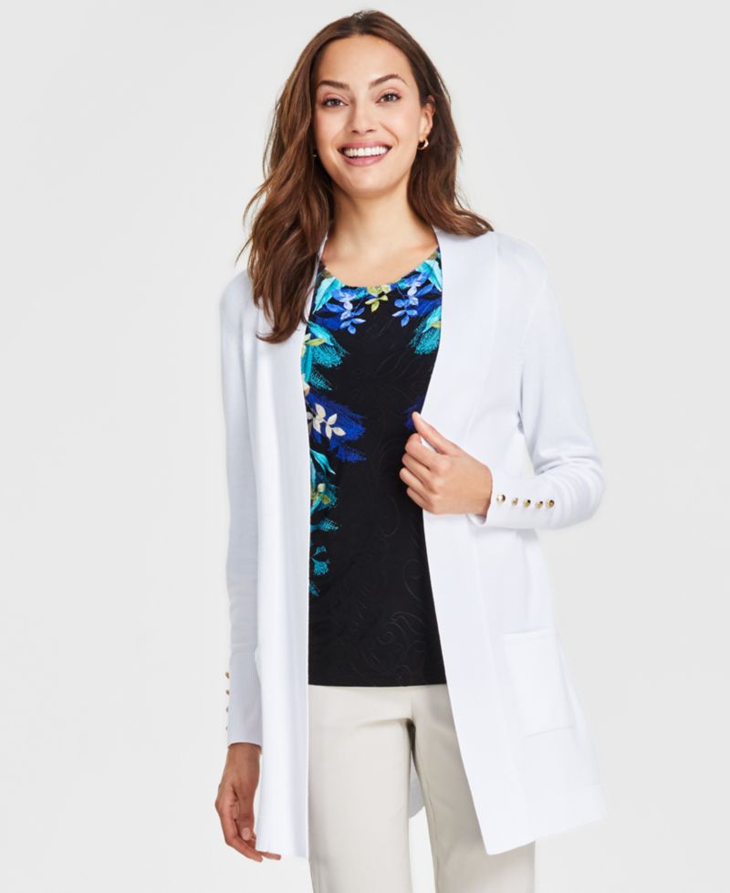Petite Open-Front Button-Cuff Cardigan Sweater