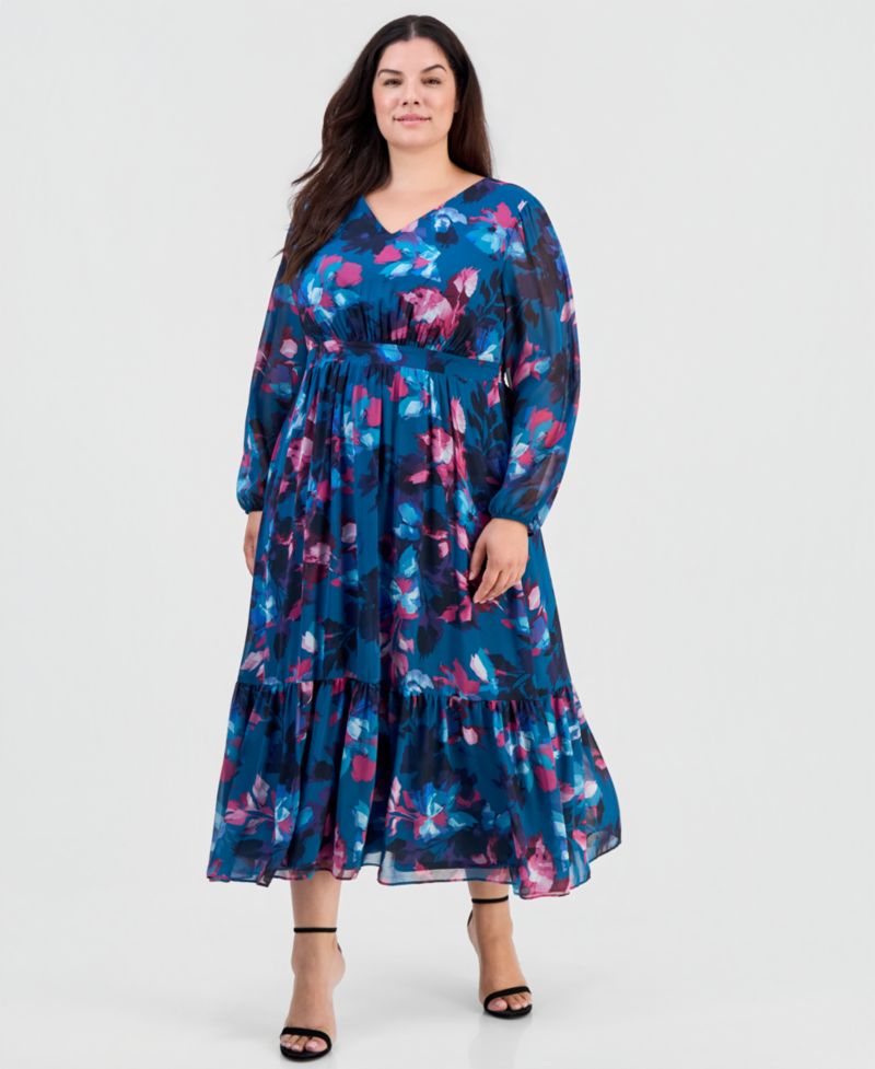 Plus Size Smocked-Back Balloon-Sleeve Dress