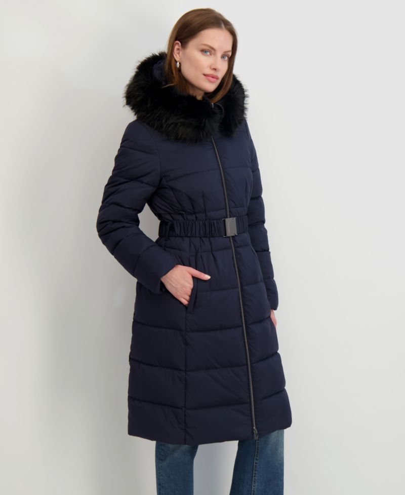 Women's Faux-Fur-Trim Hooded Belted Puffer Coat
