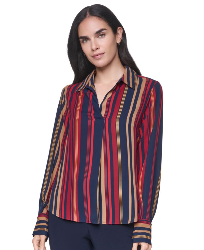 Women's Long-Sleeve Striped Popover Blouse
