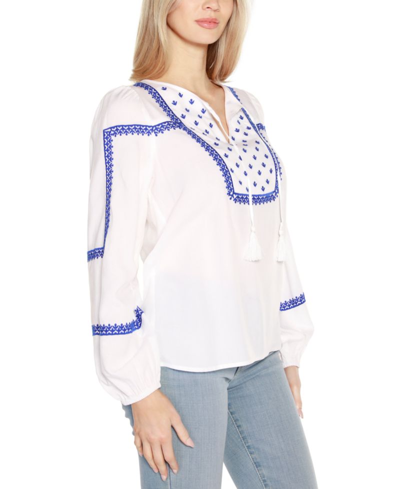 Black Label Embroidered Blouson Tie Neck Top