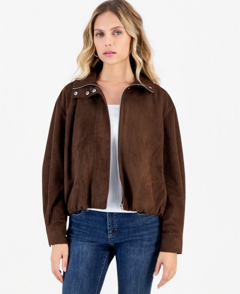 Petite Faux Suede Funnel-Neck Bomber Jacket