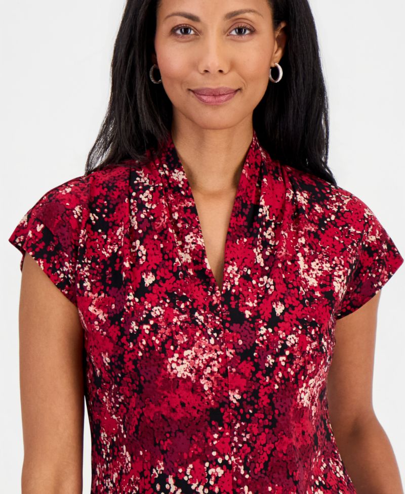 Petite Funnel Neck Cap-Sleeve Print Blouse