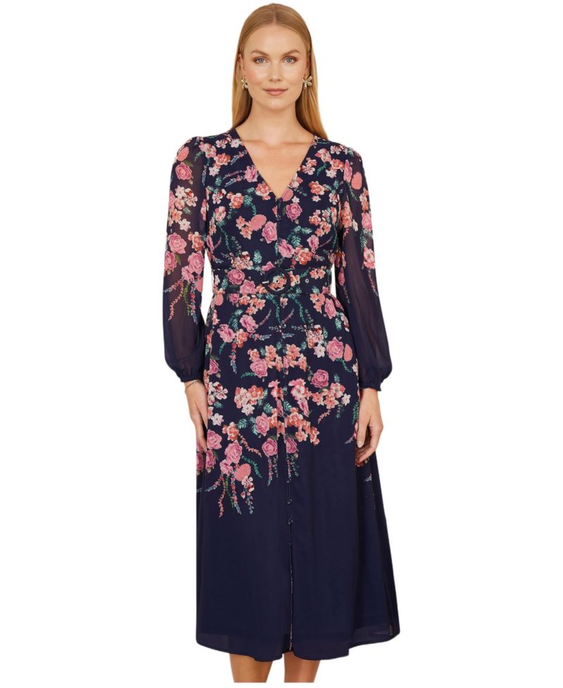 Women's Belted Floral Midi Dress