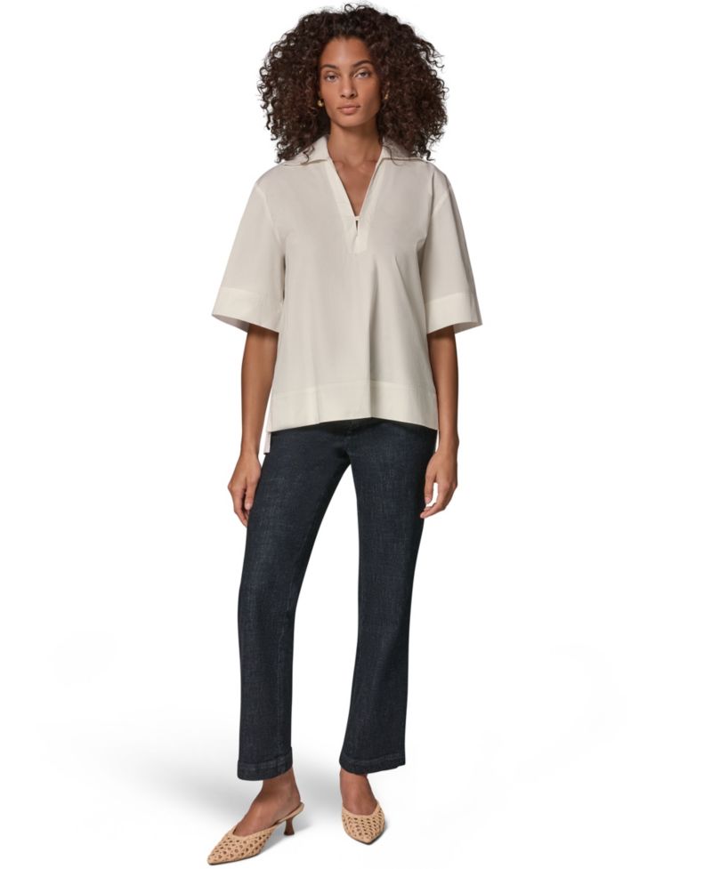 Women's Poplin Short-Sleeve V-Neck Collared Blouse