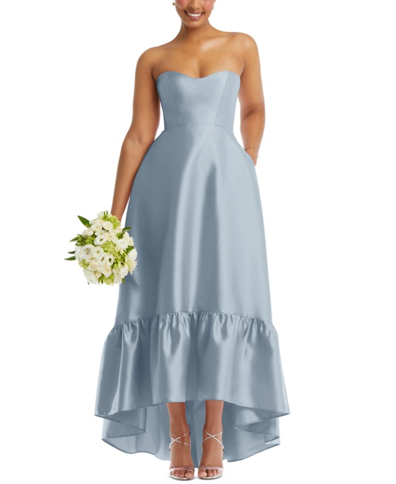 Women's Strapless Deep Ruffle Hem Satin High Low Dress with Pockets