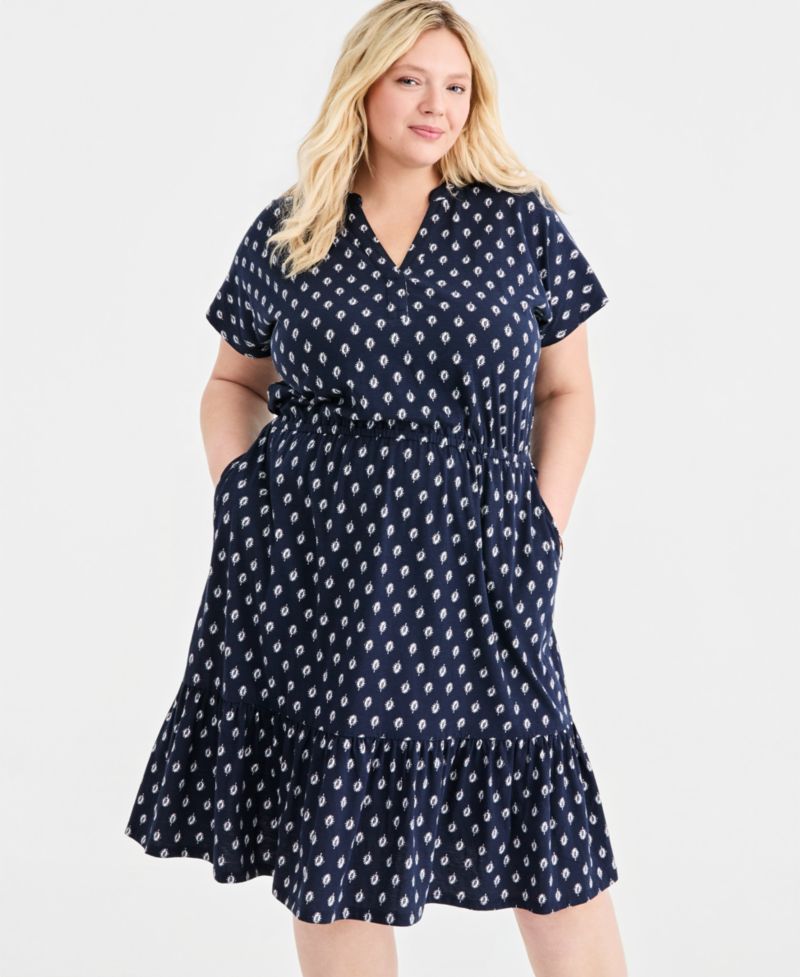 Plus Size Printed Split-Neck Tiered Midi Dress