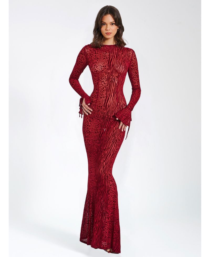 Women Waylynn Burnout Velvet Detail Mesh Backless Maxi Dress