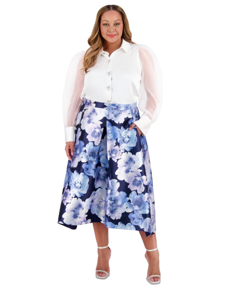 Plus Size Bow-Trim Bishop-Sleeve Blouse