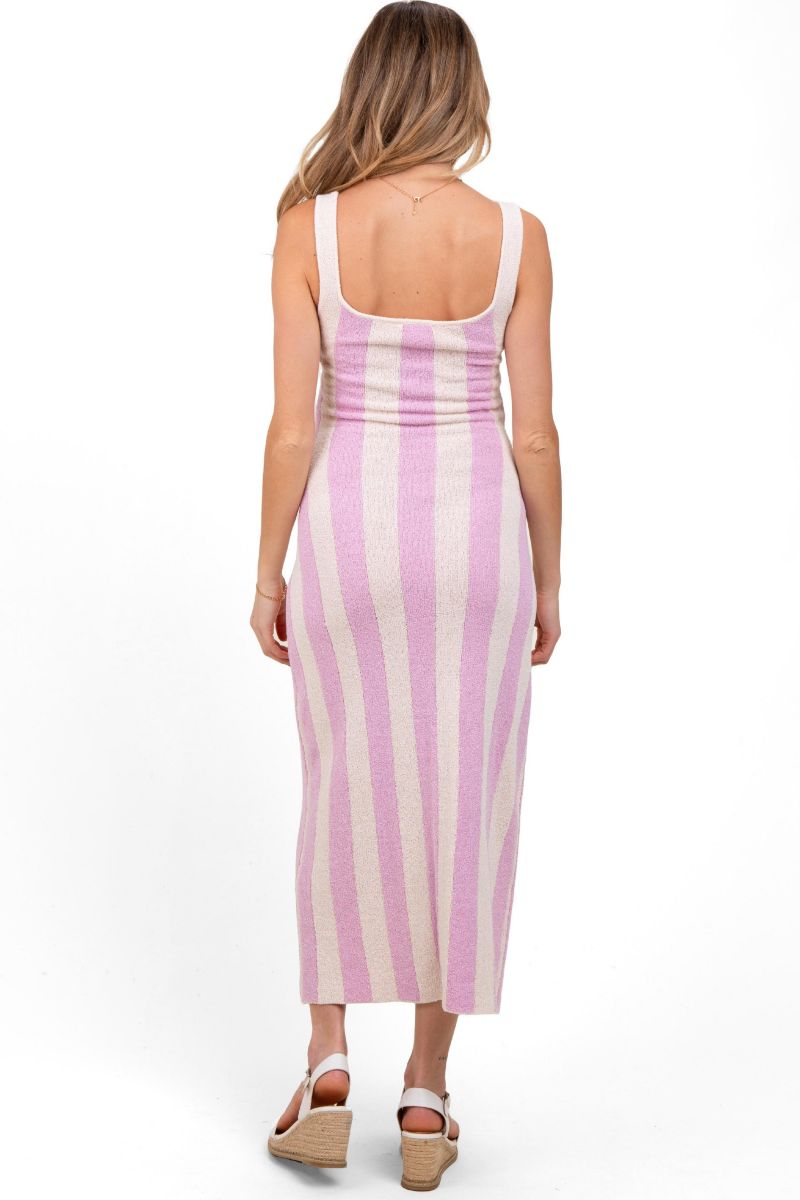 Maternity Pink Striped Terry Knit Sleeveless Midi Dress