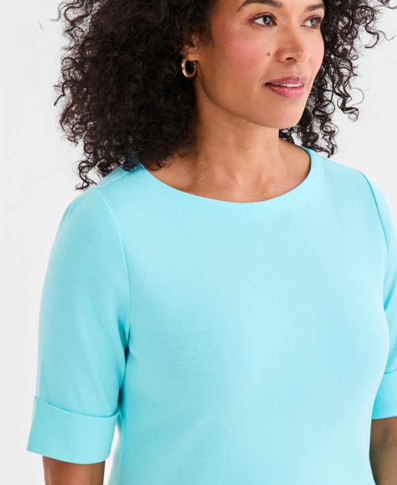 Petite Cotton Elbow-Sleeve Boat-Neck Top