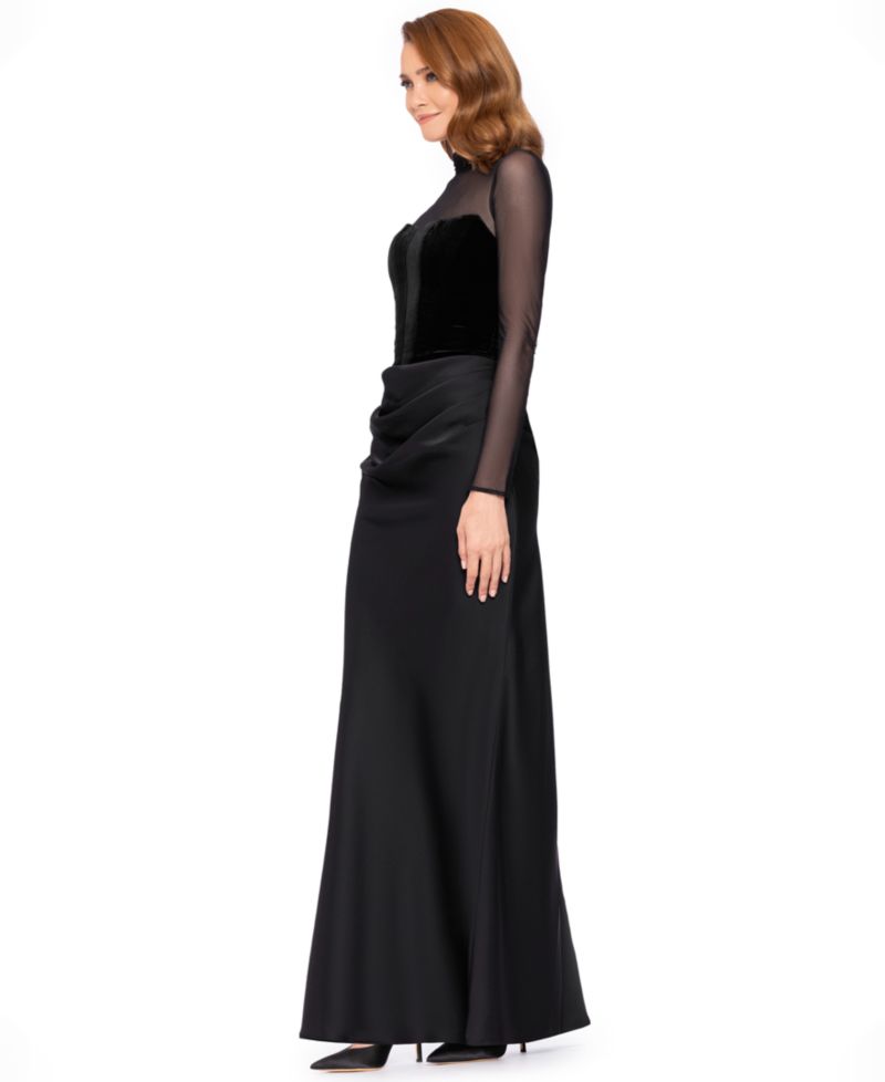 Women's Short Scuba Crepe With Drape Back Velvet Long-Sleeve Mesh Gown