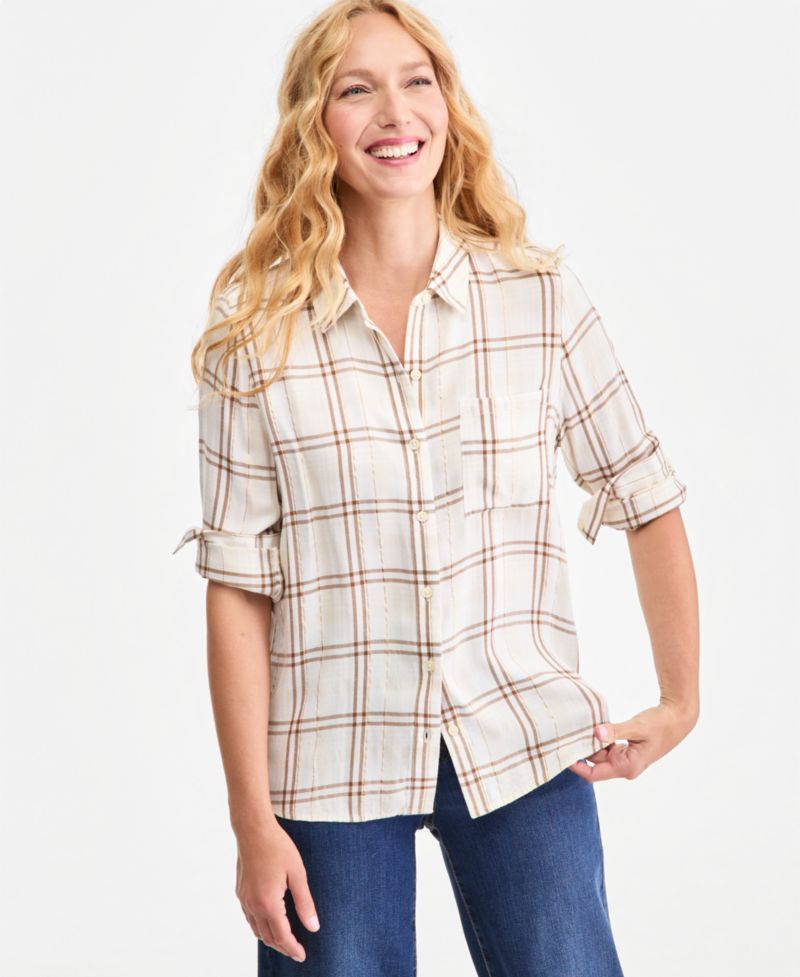 Women's Plaid Lurex Button-Up Perfect Shirt