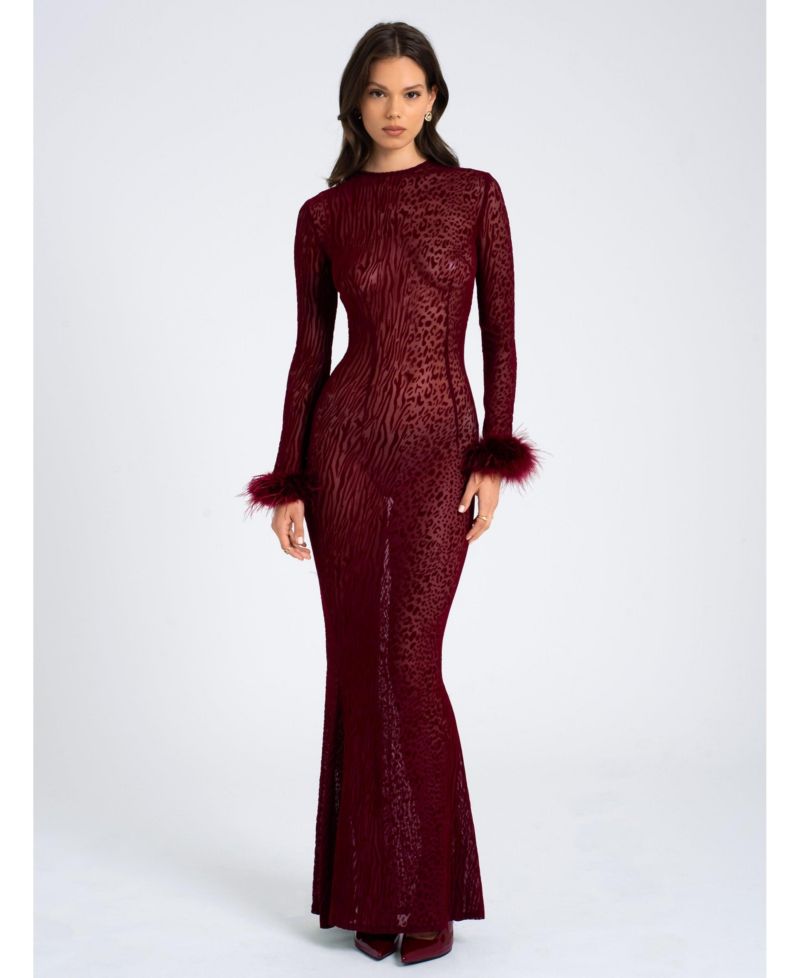 Women's Patricia Burgundy Leopard Burnout Velvet Mesh Backless Maxi Dress