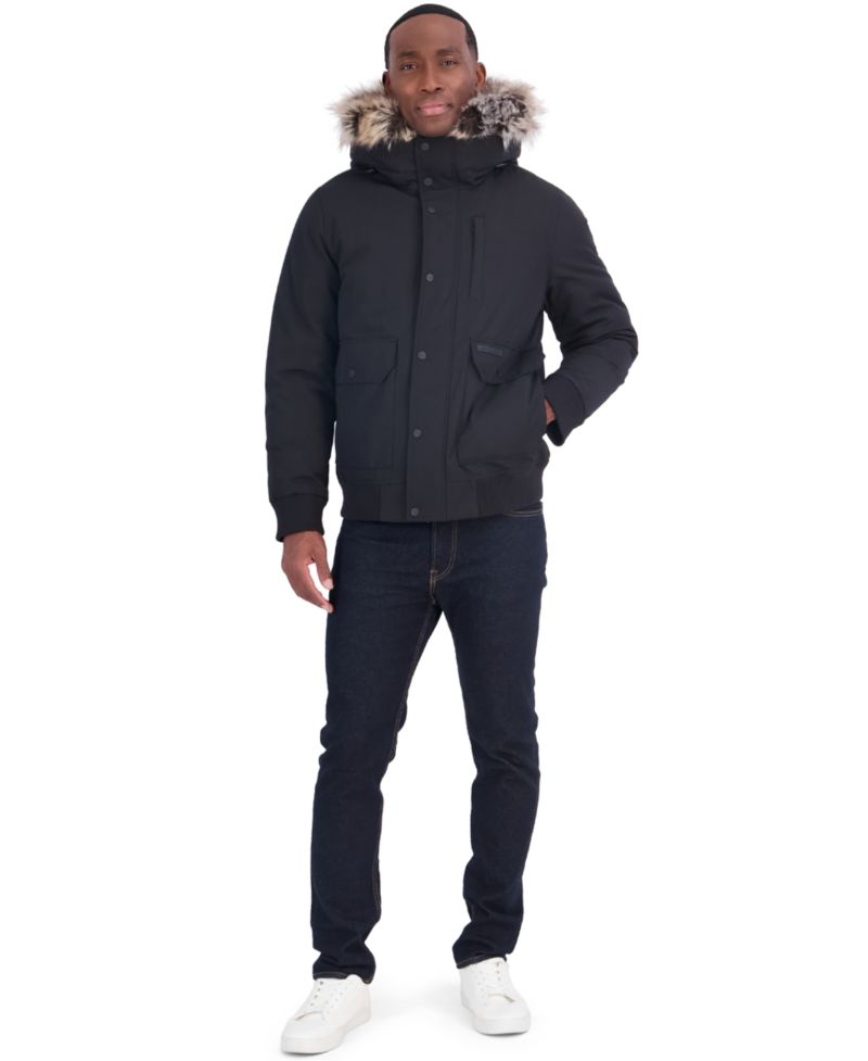 Men's Faux-Fur-Trim Quilted-Bib Hooded Bomber Jacket