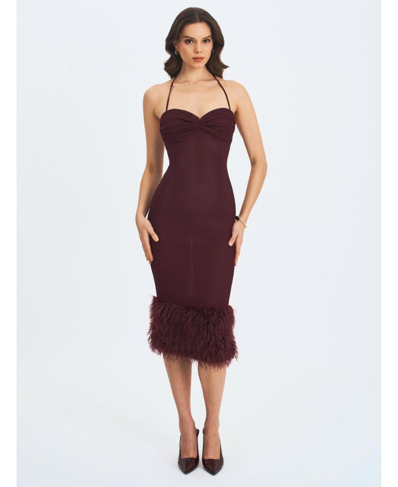 Women's Pluma Maroon Halter Faux-Fur Trimmed Midi Dress