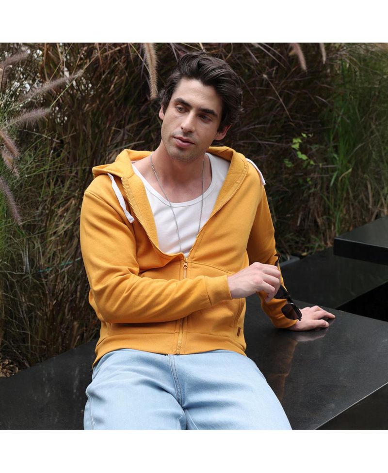 Men's Mustard Yellow Zip-Front Regular Hoodie