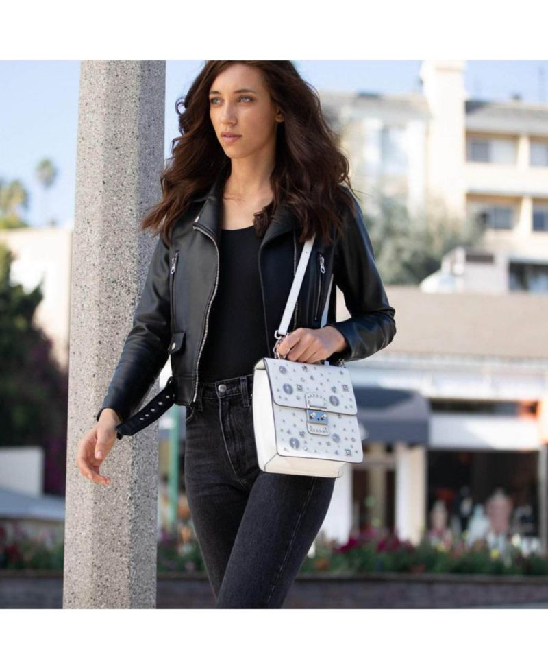 Leather Backpack Purse Convertible Crossbody Bag with Embellishments and Top Handle White Women's Handbag