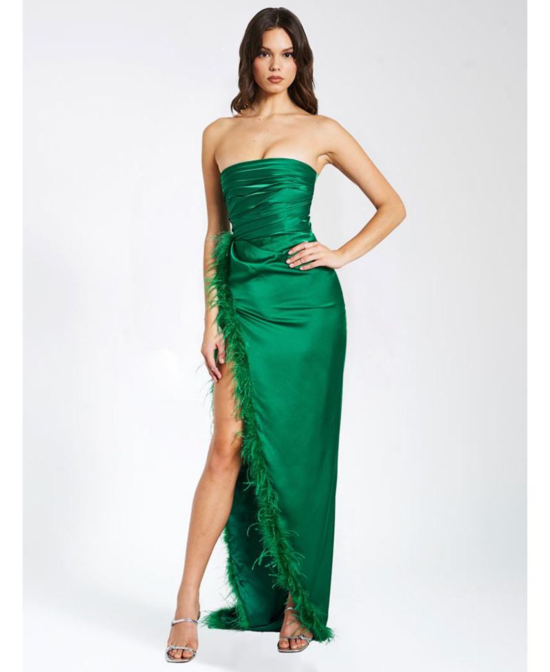 Women's Perrin Emerald Green Feather Dress High Slit Gown