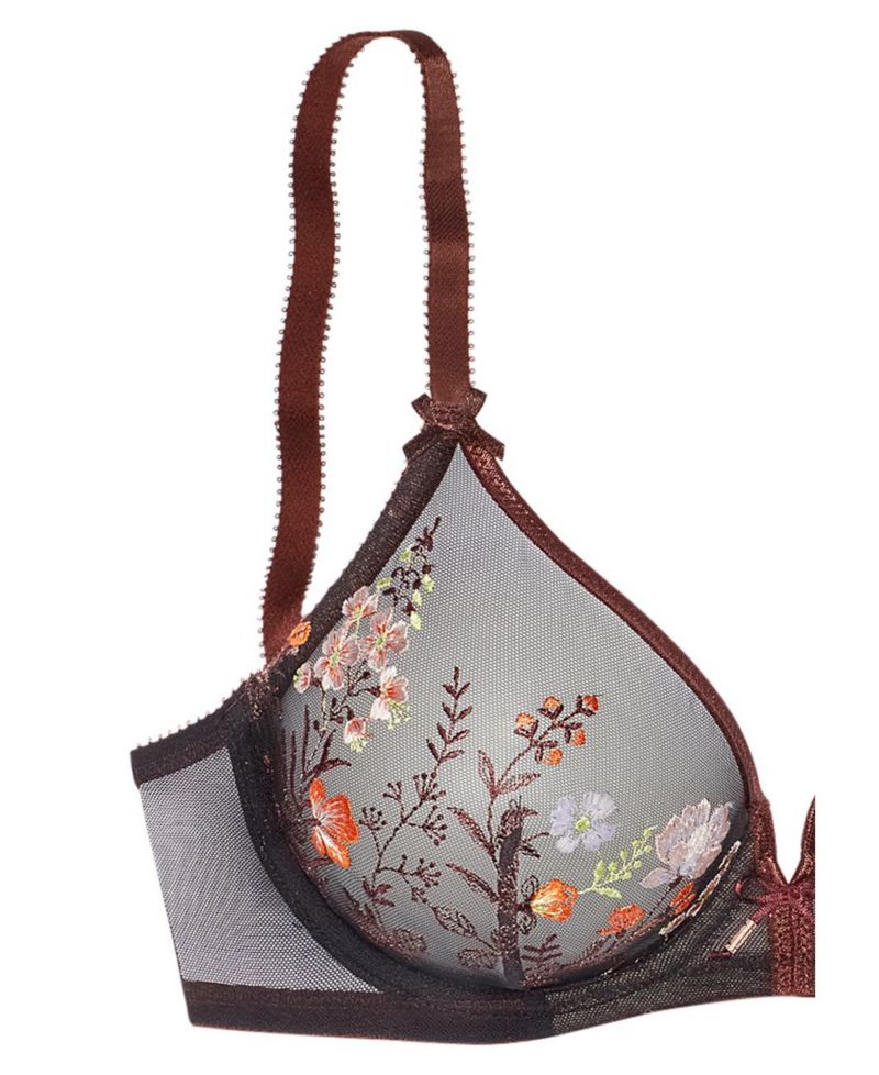 Women's Floral Print Sheer Embroidered Non-Padded Underwire Bra
